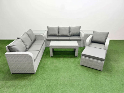 Fimous 8 Seater Poly Rattan Outdoor Garden Furniture Oblong Coffee Table Sofa Set Reclining Chair Big Footstool 2 Side Table