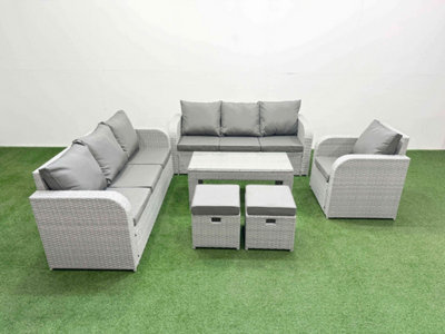 Fimous 9 Seater Poly Rattan Outdoor Garden Furniture Oblong Coffee Table Sofa Set Reclining Chair Stools Light/Grey