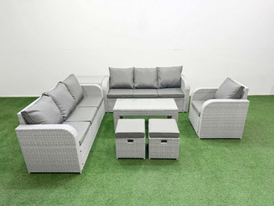 Fimous 9 Seater Poly Rattan Outdoor Garden Furniture Oblong Coffee Table Sofa Set Reclining Chair Stools Side Table Light/Grey