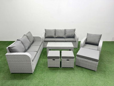 Fimous 10 Seater Poly Rattan Outdoor Garden Furniture Oblong Coffee Table Sofa Set Reclining Chair 3 Stools Light/Grey