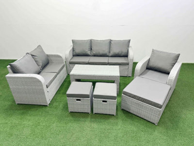 Fimous Pe Wicker 9 Seater Outdoor Rattan Furniture Sofa Sets Coffee Table Reclining Chair Loveseat Sofa Stool Light/Grey