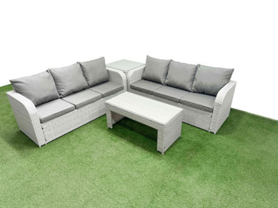 B&Q -  6 Seater Wicker Rattan Furniture Sofa Sets Oblong Coffee Table High Back Lounge Sofa Side Table Light Grey