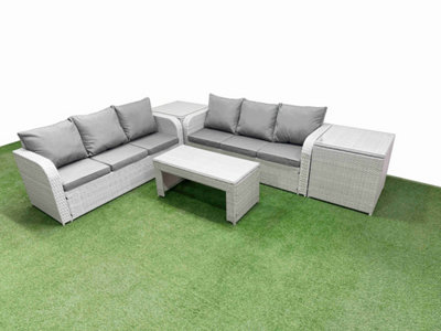 Fimous 6 Seater Wicker Rattan Furniture Sofa Sets Oblong Coffee Table High Back Lounge Sofa 2 Side Table Light Grey from B&Q
