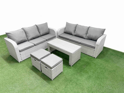 Fimous 8 Seater Wicker Rattan Furniture Sofa Sets Oblong Coffee Table High Back Lounge Sofa Stools Light Grey from B&Q