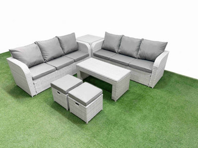 Fimous 8 Seater Wicker Rattan Furniture Sofa Sets Oblong Coffee Table High Back Lounge Sofa Stools Side Table Light Grey from B&Q