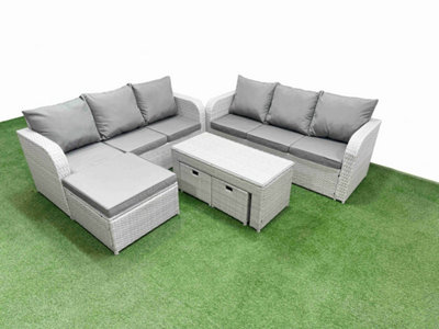 Fimous 9 Seater Wicker Rattan Furniture Sofa Sets Oblong Coffee Table High Back Lounge Sofa 3 Stools Light Grey from B&Q