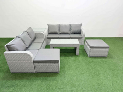 Fimous 8 Seater Wicker Rattan Furniture Sofa Sets Oblong Coffee Table High Back Lounge Sofa 2 Big Footstool Side Table Light Grey from B&Q