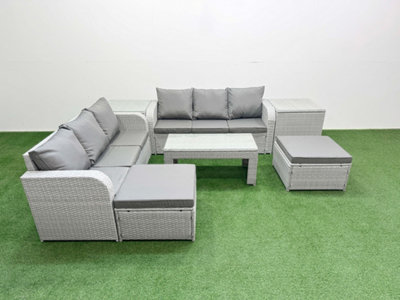 Fimous 8 Seater Wicker Rattan Furniture Sofa Sets Oblong Coffee Table High Back Lounge Sofa 2 Big Footstool 2 Side Table from B&Q