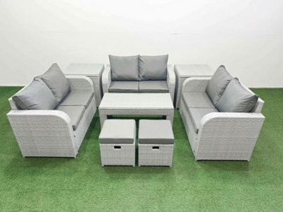 B&Q -  8 Seater Pe Wicker Rattan Furniture Sofa Sets Oblong Coffee Table 2 Seater Love Sofa 2 Stool 2 Side Table Light Grey