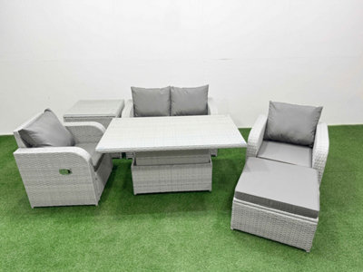 Fimous Rattan Garden Furniture Set Sofa Set Reclining Chair Adjustable Lifting Table 5 Seater Footstool Side Table Light/Grey