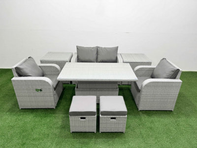 Fimous Light/Grey Rattan Garden Furniture Set Reclining Chair Adjustable Lifting Table 6 Seater 2 Stools 2 Side Table Small