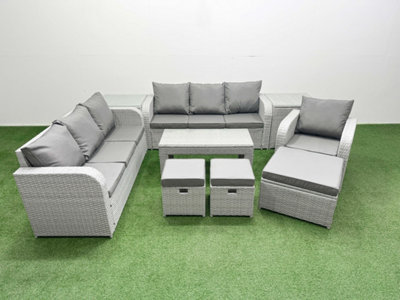 Fimous 10 Seater Poly Rattan Outdoor Garden Furniture Oblong Coffee Table Sofa Set Reclining Chair 3 Stools 2 Side Table