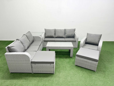 Fimous 9 Seater Poly Rattan Outdoor Garden Furniture Oblong Coffee Table Sofa Set Reclining Chair 2 Big Footstools Side Table