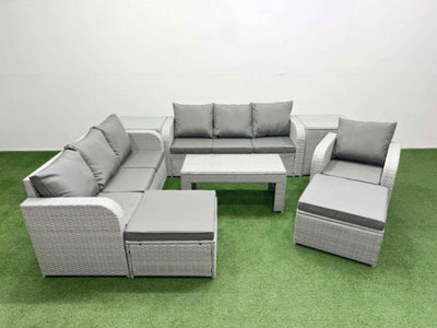 Fimous 9 Seater Poly Rattan Outdoor Garden Furniture Oblong Coffee Table Sofa Set Reclining Chair 2 Big Footstools 2 Side Table