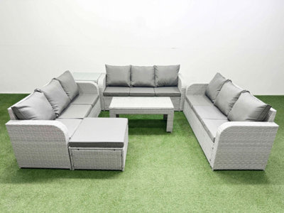Fimous Pe Rattan Lounge Sofa Set 10 Seater Outdoor Garden Furniture Set Oblong Coffee Table Big Footstool Side Table Light Grey