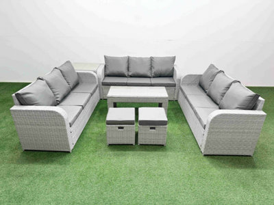 Fimous Pe Rattan Lounge Sofa Set 11 Seater Outdoor Garden Furniture Set Oblong Coffee Table 2 Stools Side Table Light/Grey