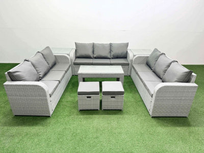 Fimous Pe Rattan Lounge Sofa Set 11 Seater Outdoor Garden Furniture Set Oblong Coffee Table 2 Stools 2 Side Table Light/Grey