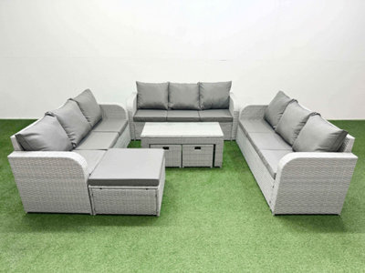 Fimous Pe Rattan Lounge Sofa Set 12 Seater Outdoor Garden Furniture Set Oblong Coffee Table 3 Seater Sofa 3 Stools Light Grey from B&Q