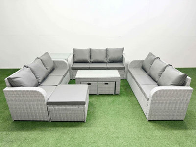 Fimous Pe Rattan Lounge Sofa Set 12 Seater Outdoor Garden Furniture Set Oblong Coffee Table 3 Stools Side Table Light/Grey