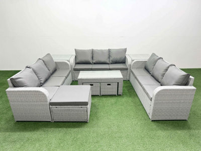 Fimous Pe Rattan Lounge Sofa Set 12 Seater Outdoor Garden Furniture Set Oblong Coffee Table 3 Stools 2 Side Table Light Grey