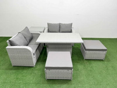 B&Q -  6 Seater Outdoor Love Sofa Set Rattan Garden Furniture Set Adjustable Lifting Table 2 Footstool Side Table Light Grey