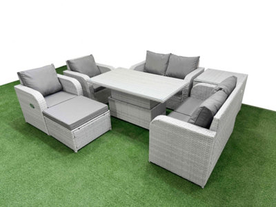 Fimous 7 Seater Outdoor Reclining Chair Love Sofa Set Rattan Garden Furniture Set Adjustable Lifting Table Footstool Side Table