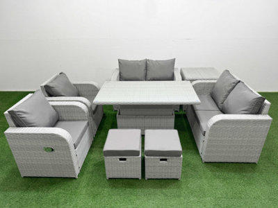 Fimous 8 Seater Outdoor Reclining Chair Love Sofa Set Rattan Garden Furniture Set Adjustable Lifting Table 2 Stools Side Table