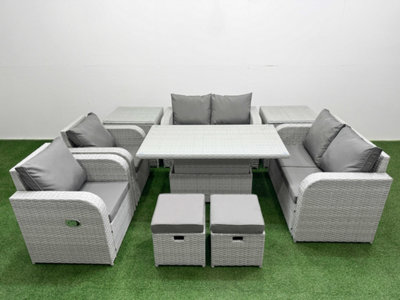 Fimous 8 Seater Outdoor Reclining Chair Love Sofa Set Rattan Garden Furniture Set Adjustable Lifting Table 2 Stools 2 Side Table