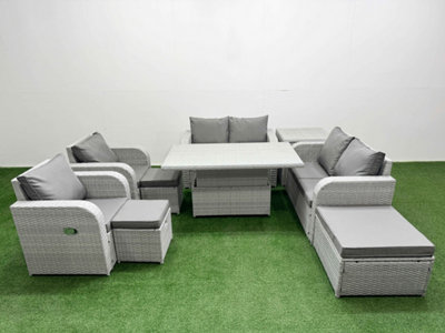 Fimous 9 Seater Outdoor Reclining Chair Love Sofa Set Rattan Garden Furniture Set Adjustable Lifting Table 3 Stools Side Table