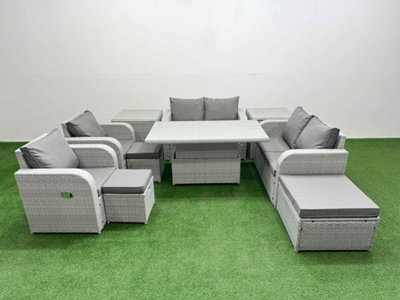 Fimous 9 Seater Outdoor Reclining Chair Love Sofa Set Rattan Garden Furniture Set Adjustable Lifting Table 3 Stools 2 Side Table