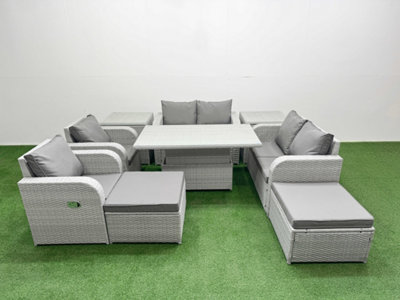 Fimous 8 Seater Outdoor Reclining Chair Love Sofa Set Rattan Garden Furniture Set Adjustable Lifting Table 2 Side Table