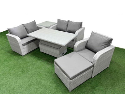 Fimous High Back Poly Rattan Garden Furniture Set Reclining Chair Loveseat Sofa Indoor Outdoor Set Big Stool Side Table