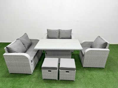 Fimous High Back Poly Rattan Garden Furniture Set Reclining Chair Loveseat Sofa Indoor Outdoor Set 2 Stool Light/Grey