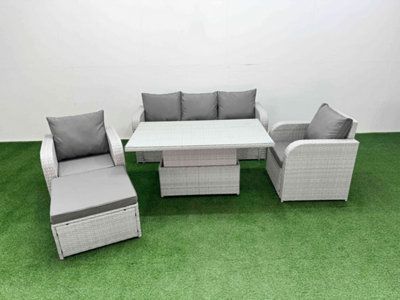 Fimous Light/Grey Pe Rattan Garden Furniture Set Reclining Chair Sofa Lounge Sofa Set Adjustable Lifting Table Big Footstool