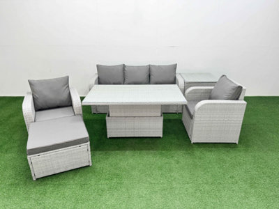 Fimous Pe Rattan Garden Furniture Set Reclining Chair Sofa Lounge Sofa Set Adjustable Lifting Table Side Table Big Footstool