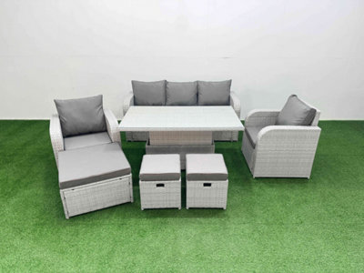 Fimous Pe Rattan Garden Furniture Set Reclining Chair Sofa Lounge Sofa Set Adjustable Lifting Table 3 Stools Light/Grey