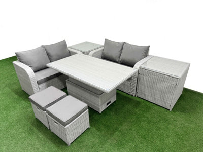 B&Q -  6 Seater Outdoor Love Sofa Set Rattan Garden Furniture Set Adjustable Lifting Table 2 Small Stools 2 Side Tables Light Grey