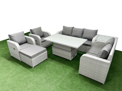 Fimous Pe Rattan Garden Furniture Set Reclining Chair Sofa Set Adjustable Lifting Dining Or Coffee Table Big Footstool Side Table