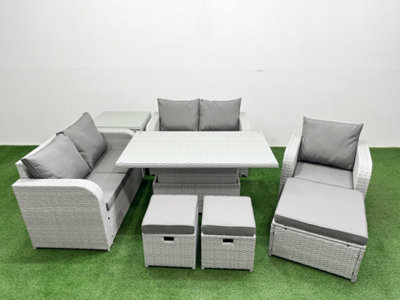 Fimous High Back Poly Rattan Garden Furniture Set Reclining Chair Loveseat Sofa Indoor Outdoor Set 3 Stools Side Table