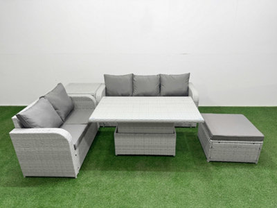Fimous 6 Seater Pe Rattan Wicker Garden Furniture Conservatory Sofa Set Adjustable Lifting Table Big Footstool Side Table