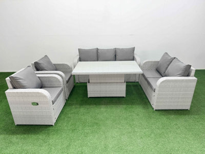 Fimous Pe Rattan Garden Furniture Set Reclining Chair Sofa Set Adjustable Lifting Dining Or Coffee Table Light/Grey