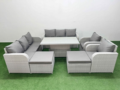 Fimous Pe Rattan High Back Lounge Sofa Set Adjustable Lifting Dining Or Coffee Table & Chairs Set 2 Big Footstool Light Grey from B&Q