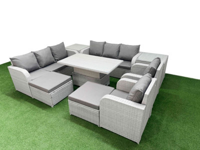 Fimous Pe Rattan High Back Lounge Sofa Set Adjustable Lifting Dining Or Coffee Table & Chairs Set 2 Footstool 2 Side Table