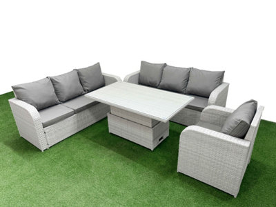 Fimous 7 Seater Poly Rattan Outdoor Garden Furniture Adjustable Lifting Dining Or Coffee Table Sofa Set Light/Grey