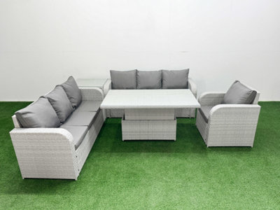 Fimous 7 Seater Poly Rattan Outdoor Garden Furniture Adjustable Lifting Dining Or Coffee Table Sofa Set Side Table Light/Grey