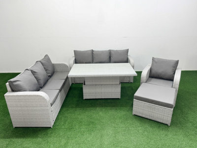 Fimous 8 Seater Poly Rattan Outdoor Garden Furniture Adjustable Lifting Dining Or Coffee Table Sofa Set Big Footstool Light/Grey