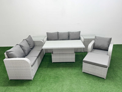 Fimous 8 Seater Poly Rattan Outdoor Garden Furniture Adjustable Lifting Dining Or Coffee Table Sofa Set Footstool 2 Side Table