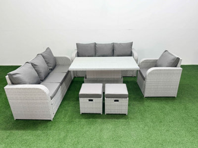 Fimous 9 Seater Poly Rattan Outdoor Garden Furniture Adjustable Lifting Dining Or Coffee Table Sofa Set Stools Light/Grey