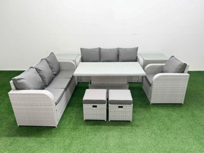 Fimous 9 Seater Poly Rattan Outdoor Garden Furniture Adjustable Lifting Dining Or Coffee Table Sofa Set Stools 2 Side Table
