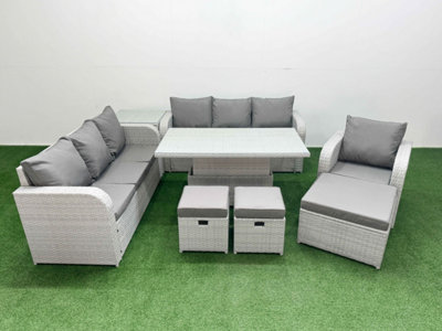 Fimous 10 Seater Poly Rattan Outdoor Garden Furniture Adjustable Lifting Dining Or Coffee Table Sofa Set 3 Stools Side Table